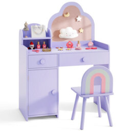 Costway Kids Vanity Table And Chair Set Girls Vanity Set W/ Cloud-Shaped Mirror Purple - thumbnail 2