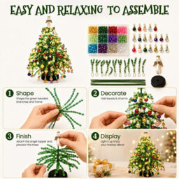 Amorly Light Up Diy 3D Beaded Christmas Tree Kit, Classic Green, Table Top Holiday Ornament, Contains Colourful Beads & Decor Charms - thumbnail 6