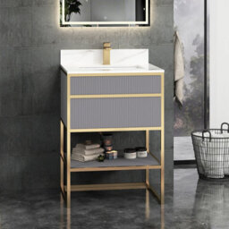 Royal Bathrooms Vienna 600mm Rock Grey Freestanding Bathroom Cabinet Vanity Unit With Brushed Brass Frame & Carrara White Top