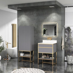 Royal Bathrooms Vienna 600mm Rock Grey Freestanding Bathroom Cabinet Vanity Unit With Brushed Brass Frame & Carrara White Top - thumbnail 3