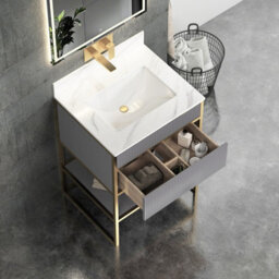 Royal Bathrooms Vienna 600mm Rock Grey Freestanding Bathroom Cabinet Vanity Unit With Brushed Brass Frame & Carrara White Top - thumbnail 5