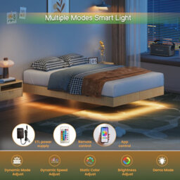 Matteo Modern Floating Bed Frame With Led Ambient Lighting, 135X200Cm, Natural - thumbnail 7