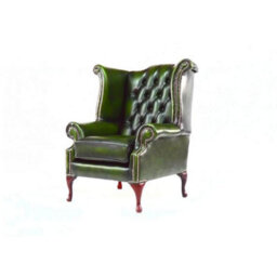 Chesterfield High Back Wing Chair Antique Green Real Leather In Queen Anne Style - thumbnail 8