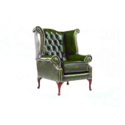Chesterfield High Back Wing Chair Antique Green Real Leather In Queen Anne Style - thumbnail 4