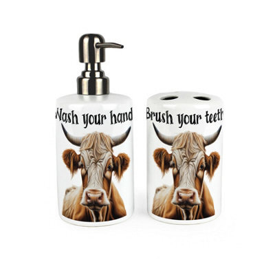 Purely Home Highland Cow Bathroom Set - Refillable Ceramic Soap Dispenser & Toothbrush Holder - image 1