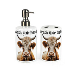 Purely Home Highland Cow Bathroom Set - Refillable Ceramic Soap Dispenser & Toothbrush Holder