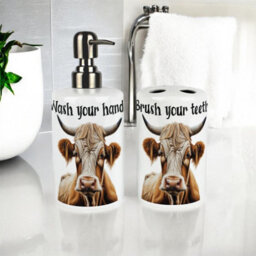 Purely Home Highland Cow Bathroom Set - Refillable Ceramic Soap Dispenser & Toothbrush Holder - thumbnail 2