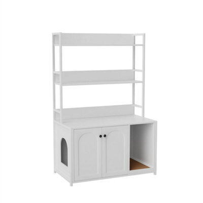 White Large Wooden Hidden Cat Litter Box Enclosure 2 Storage Shelves - image 1