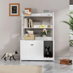 White Large Wooden Hidden Cat Litter Box Enclosure 2 Storage Shelves - thumbnail 4