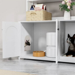 White Large Wooden Hidden Cat Litter Box Enclosure 2 Storage Shelves - thumbnail 5