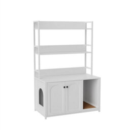 White Large Wooden Hidden Cat Litter Box Enclosure 2 Storage Shelves