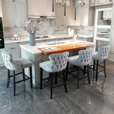 HomeTouch Set Of 4 Contemporary Velvet Upholstered Wing-Back Barstools Grey - image 1