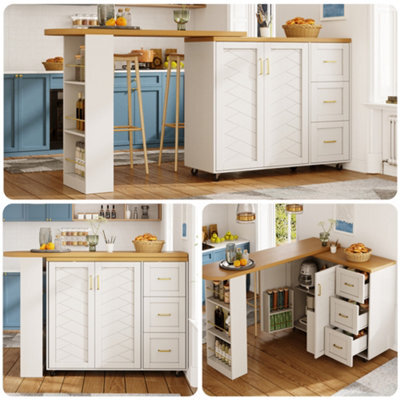 Btm Extendable Bar Cart 135 To 228Cm, 2 Doors And 3 Drawers, Rollable, White Or Wood Top - image 1