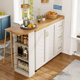 Btm Extendable Bar Cart 135 To 228Cm, 2 Doors And 3 Drawers, Rollable, White Or Wood Top - thumbnail 6