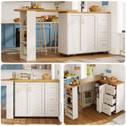 Btm Extendable Bar Cart 135 To 228Cm, 2 Doors And 3 Drawers, Rollable, White Or Wood Top - thumbnail 1