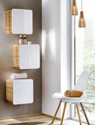 Impact Furniture Small Bathroom Cabinet Wall Mounted Cube Unit Set Of 3 Floating Storage Shelf Boxes Designer White Gloss Oak Handleless Arub - thumbnail 1
