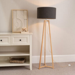 Valuelights Lottie Natural Wood Tripod Floor Lamp With Charcoal Grey Boucle Drum Shade