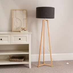 Valuelights Lottie Natural Wood Tripod Floor Lamp With Charcoal Grey Boucle Drum Shade - thumbnail 3