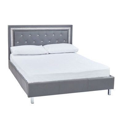 LPD Crystalle Grey Faux Leather 5.0 King Size Bed With Diamante Headboard W159.5 L214 H102Cm