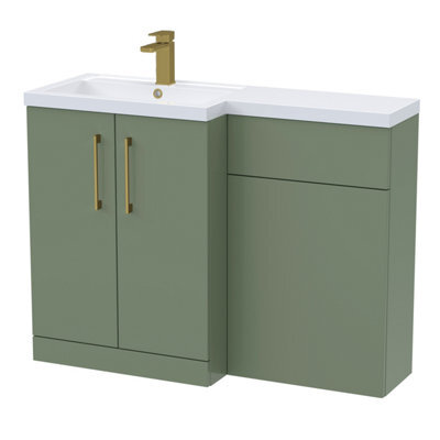 Balterley Left-Hand Bathroom Vanity And Wc Unit Combination With Basin - 1100mm - Satin Green With Brushed Brass Handles - image 1