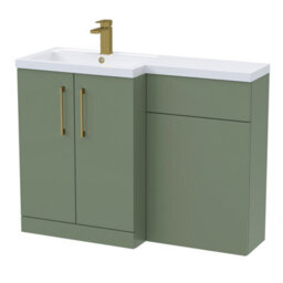 Balterley Left-Hand Bathroom Vanity And Wc Unit Combination With Basin - 1100mm - Satin Green With Brushed Brass Handles - thumbnail 1