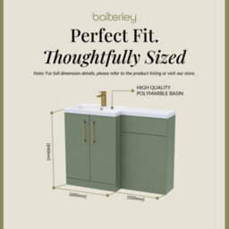 Balterley Left-Hand Bathroom Vanity And Wc Unit Combination With Basin - 1100mm - Satin Green With Brushed Brass Handles - thumbnail 5