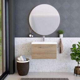 Balterley Contemporary Bathroom Wall Hung 1 Soft-Close Drawer Vanity Unit With Mid-Edge Ceramic Basin, Bleached Oak, 600 mm - thumbnail 2