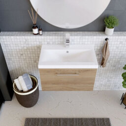 Balterley Contemporary Bathroom Wall Hung 1 Soft-Close Drawer Vanity Unit With Mid-Edge Ceramic Basin, Bleached Oak, 600 mm - thumbnail 3