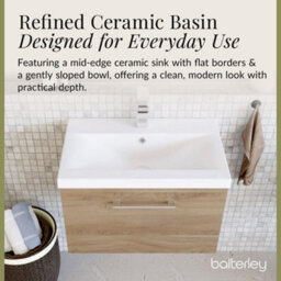 Balterley Contemporary Bathroom Wall Hung 1 Soft-Close Drawer Vanity Unit With Mid-Edge Ceramic Basin, Bleached Oak, 600 mm - thumbnail 7