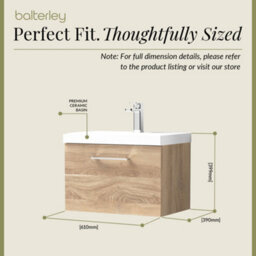 Balterley Contemporary Bathroom Wall Hung 1 Soft-Close Drawer Vanity Unit With Mid-Edge Ceramic Basin, Bleached Oak, 600 mm - thumbnail 5