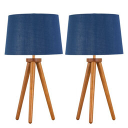 First Choice Lighting Set Of 2 Dark Oak Table Lamp Or Bedside Lights With Navy Silver Shades