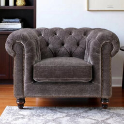 Xample Allington Grey Fabric Chesterfield Armchair - Pocket Coil Feather Seat, Solid Wood Frame, Walnut Feet & Antique Brass Studs