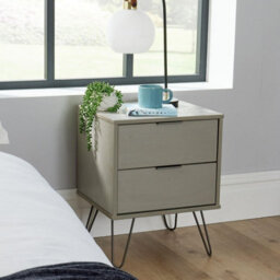 Home Source Acadia Solid Pine 2 Drawer Grey Bedside Table Metal Hairpin Legs - thumbnail 1