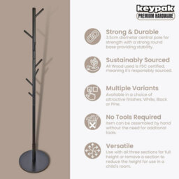 Keypak Wooden Coat Stand With Round Base, 170Cm Freestanding Clothes Rack - Black - thumbnail 2