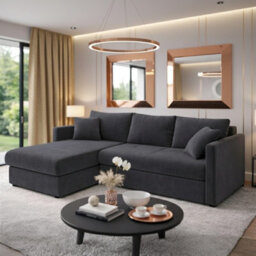 Orea Grey Fabric Corner Sofa Bed With Storage Profiled Cushions Stylish Multi Functional Sleeper For Living Room Black Left - thumbnail 2