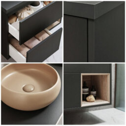 Homestylestore Black Grey 594mm Wall Hung Bathroom Vanity Unit Round Sand Countertop Basin Open Shelf - thumbnail 2