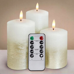 Long Life Lamps Company Set Of 3 Usb Rechargeable Led Wax Gold Painted And White Flameless Candles With Remote Control Wax03 - thumbnail 1