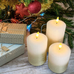 Long Life Lamps Company Set Of 3 Usb Rechargeable Led Wax Gold Painted And White Flameless Candles With Remote Control Wax03 - thumbnail 9