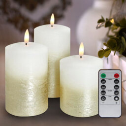 Long Life Lamps Company Set Of 3 Usb Rechargeable Led Wax Gold Painted And White Flameless Candles With Remote Control Wax03 - thumbnail 7