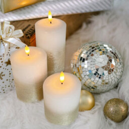 Long Life Lamps Company Set Of 3 Usb Rechargeable Led Wax Gold Painted And White Flameless Candles With Remote Control Wax03 - thumbnail 8