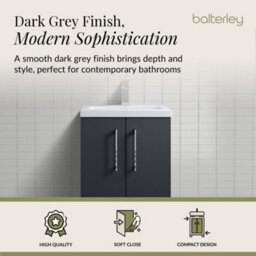Balterley Bramshall Compact Bathroom Cloakroom Vanity Basin Unit With Polymarble Basin, Chrome Handles, 500mm, Satin Dark Grey - thumbnail 3