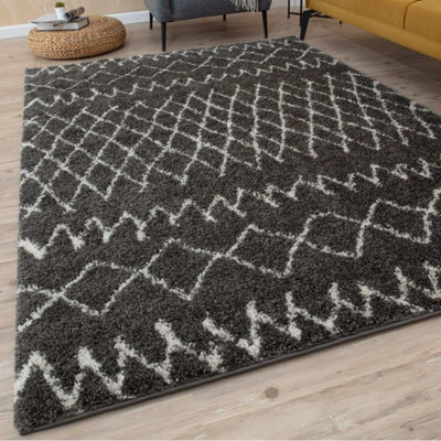The Rugs Moroccan Shaggy Rugs And Runners Soft Fluffy Tribal Design High Pile Dark Grey And Ivory Living Room Kitchen Hallway 940 - image 1