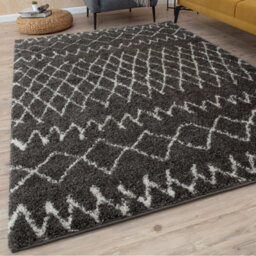 The Rugs Moroccan Shaggy Rugs And Runners Soft Fluffy Tribal Design High Pile Dark Grey And Ivory Living Room Kitchen Hallway 940 - thumbnail 1