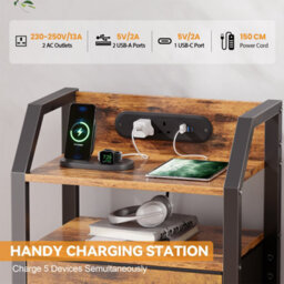 Led Bedside Table Set Of 2 With Charging Station & Fabric Drawer, Modern Bedside Cabinet For Bedroom, Brown - thumbnail 4