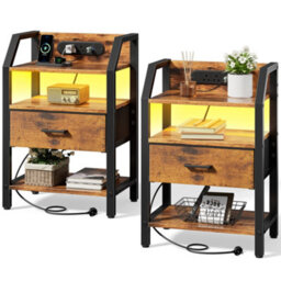 Led Bedside Table Set Of 2 With Charging Station & Fabric Drawer, Modern Bedside Cabinet For Bedroom, Brown - thumbnail 1