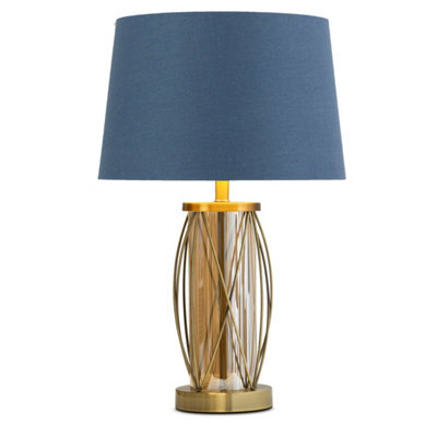 Lighting Supermarket Ashleigh Antique Brass Amber Glass Cylinder Lantern Table Lamp With Juniper Blue Shade - image 1