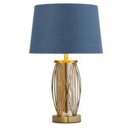Lighting Supermarket Ashleigh Antique Brass Amber Glass Cylinder Lantern Table Lamp With Juniper Blue Shade - thumbnail 1