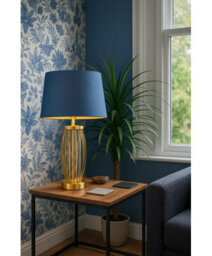 Lighting Supermarket Ashleigh Antique Brass Amber Glass Cylinder Lantern Table Lamp With Juniper Blue Shade - thumbnail 8