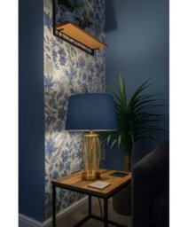 Lighting Supermarket Ashleigh Antique Brass Amber Glass Cylinder Lantern Table Lamp With Juniper Blue Shade - thumbnail 7