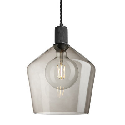 Industville Knurled Glass Schoolhouse Pendant - 10 Inch, Mocha Glass, Black Pendant